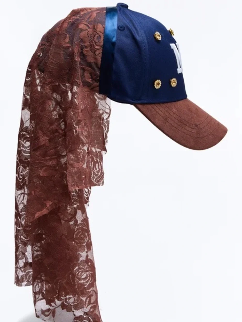 NY Lace Veil Baseball Cap Navy Brown Floral Scarf Hat Y2K Streetwear